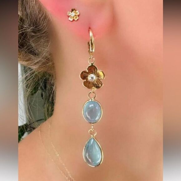 Elegant Blue Floral Drop Earrings A1485 - Picture 2 of 5